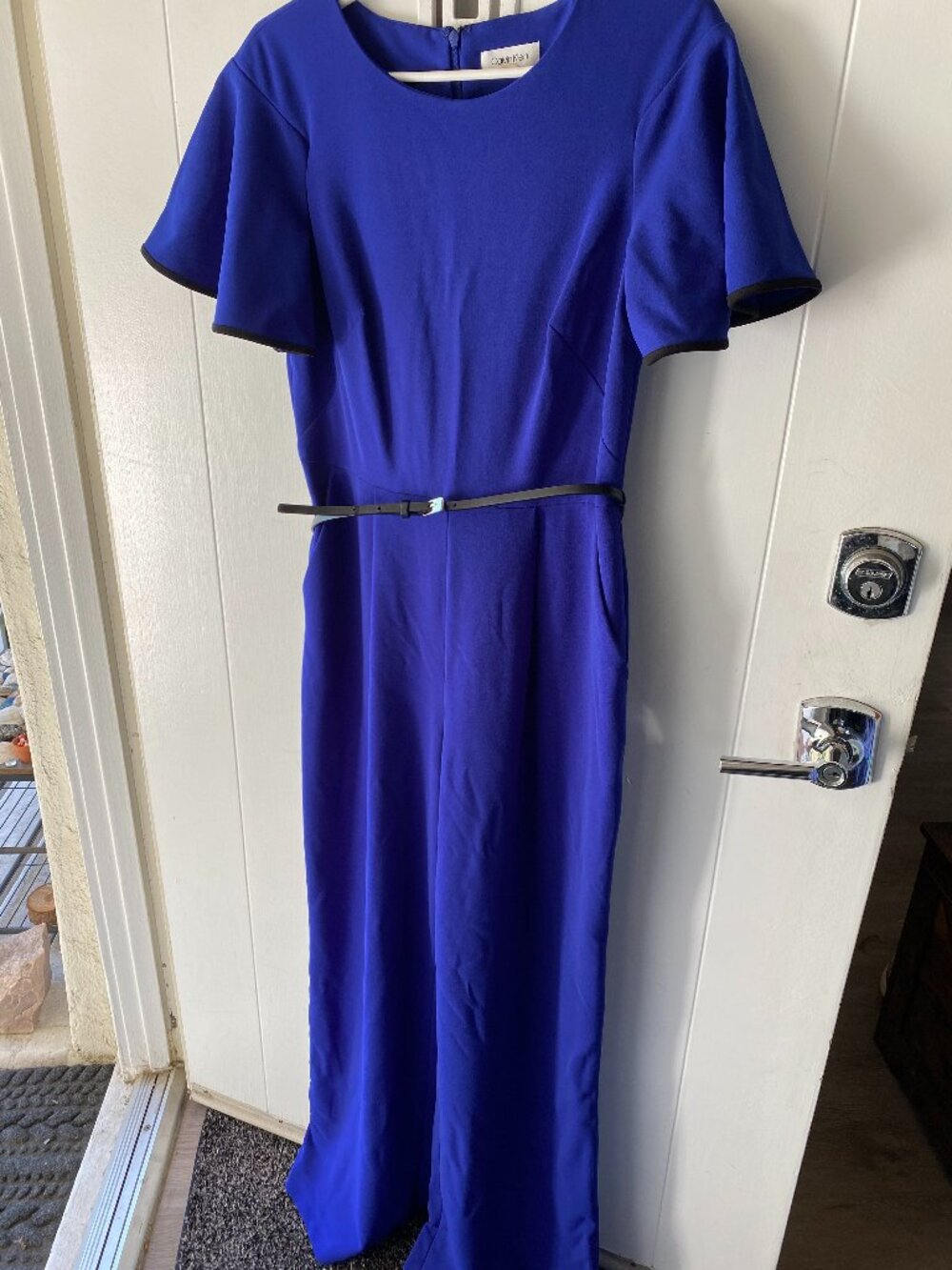 Calvin Klein Royal Blue Ruffled Flutter Sleeve Crewneck Belted Wide-Leg Jumpsuit